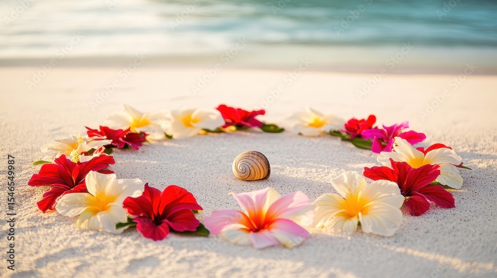 Vibrant Tropical Flowers Arranged in Circle on Sandy Beach Vibrant Tropical Flowers Arranged in Circle on Sandy Beach
