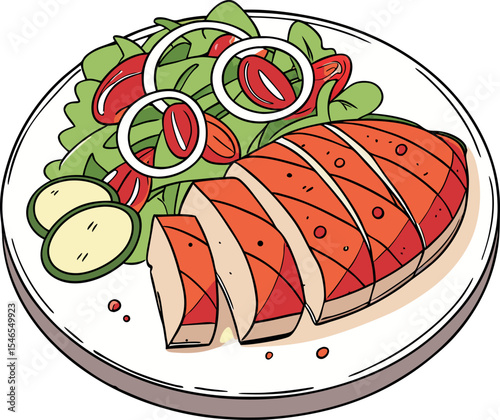 Realistic red meat grill and salad vector image on the plate
