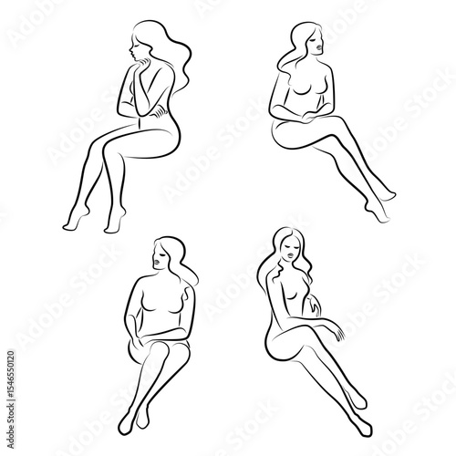 Silhouette of a cute lady, she is sitting. The girl has a beautiful naked figure. The woman is a young sexy and slim model. Vector illustration.