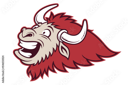 Cartoon bison mascot laughs cheerfully showing prominent teeth and striking red and beige fur
