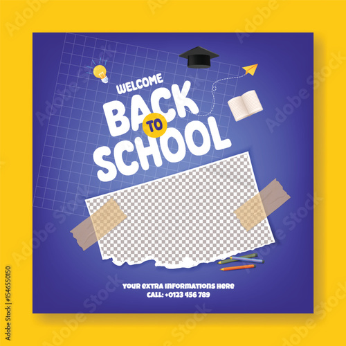 Back to school web banner, post, ads template for Sale discount offer. Back to school party post, school admission banner, preschool, educational square flyer with educational supplies elemements