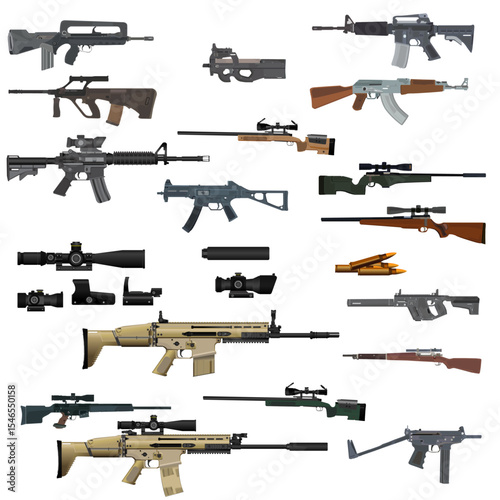 Collection of firearms, rifles, and weapon accessories on white background