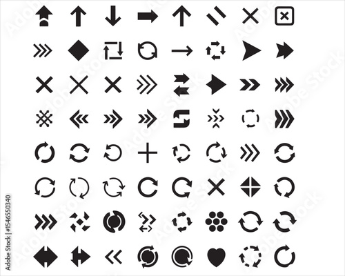 Versatile Black Vector Arrow and Navigation Icon Set, UI/UX Ready