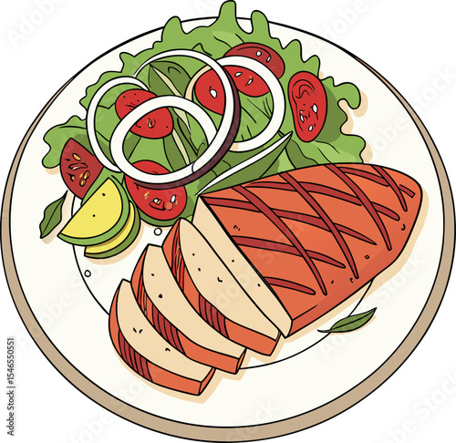 Realistic red meat grill and salad vector image on the plate