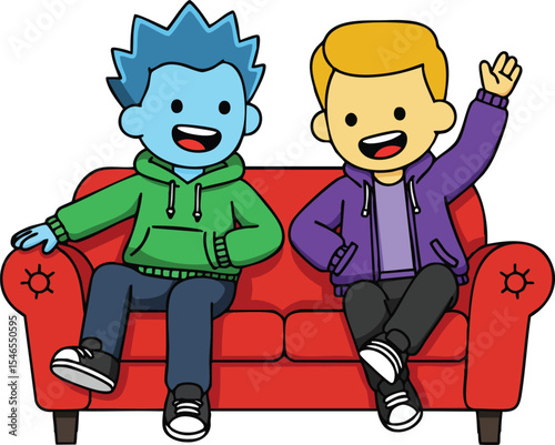 Two animated cartoon friends sitting on red sofa with casual clothes and happy expressions 