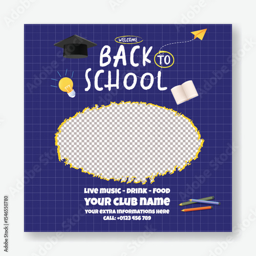Back to school web banner, post, ads template for Sale discount offer. Back to school party post, school admission banner, preschool, educational square flyer with educational supplies elemements