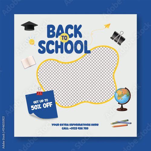 Back to school Sale discount offer banner, Back to school party post, school admission banner, preschool, educational square flyer or poster background vector template with white blank space for text