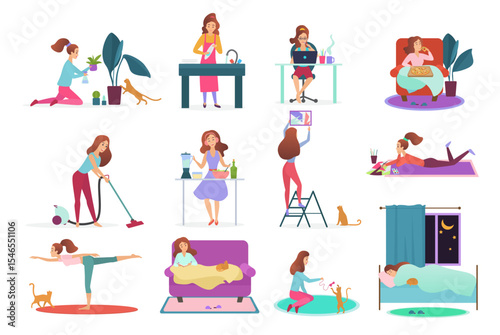 Young woman home activities set. Girl watering plants, washing dishes, working with laptop, relaxing, eating pizza, cleaning house, cooking, repairing, drawing, yoga sleeping vector illustration