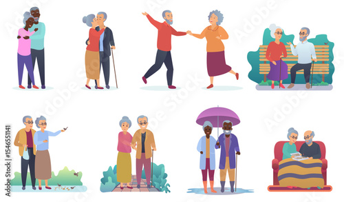 Active lifestyle old grandparents. Elderly people characters. Cartoon seniors family activities isolated vector illustration