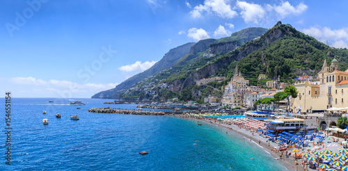 Fototapeta Naklejka Na Ścianę i Meble -  Amalfi townscape in Campania region, Italy: view of Marina Grande Beach.