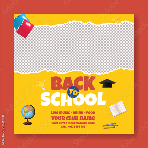 Back to school Sale discount offer banner, Back to school party post, school admission banner, preschool, educational square flyer or poster background vector template with white blank space for text