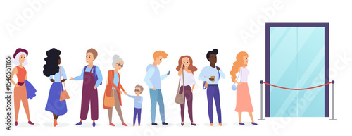 People standing in queue line in front of shop entrance doors. Cartoon man and woman waiting near boutique, store and showroom opening vector illustration