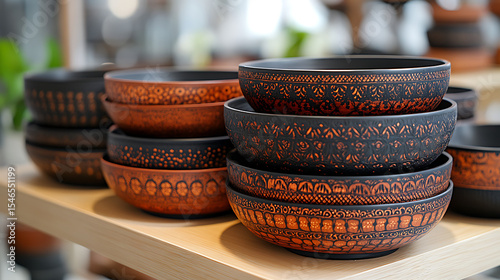 Close-up visual of traditional Ayutthayan lacquerware, showcasing its intricate designs and glossy finish against a bright white background 