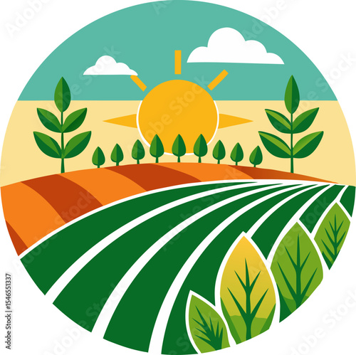"Organic farm scene with crops and sun silhouette" on a white background.