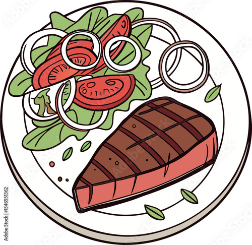 Realistic red meat grill and salad vector image on the plate