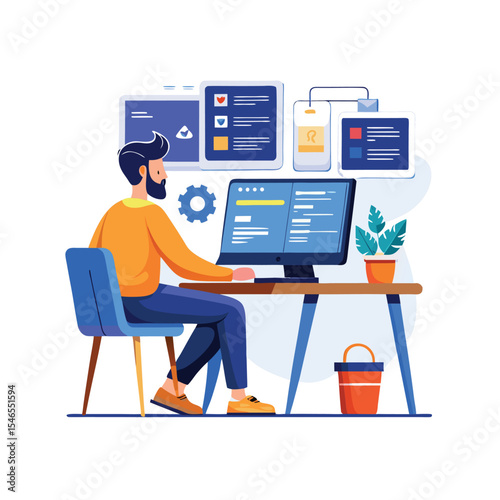 Man working on computer with multiple screens, web design, and development