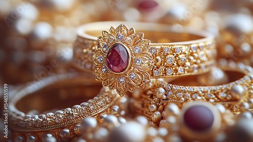 Close-up visual of traditional Ayutthayan jewelry, showcasing the intricate gold and gemstone work against a pure white background 