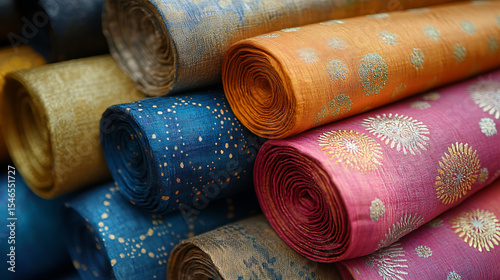 Close-up visual of the vibrant silk fabrics and traditional patterns of Ayutthayan textiles against a clean white background 