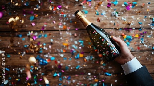 A luxurious champagne bottle held in hand amidst a colorful explosion of confetti, encapsulating the essence of celebration and joyous occasions in life.