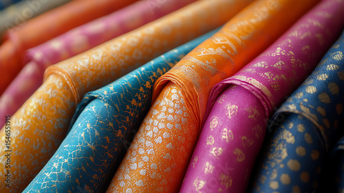 Close-up visual of the vibrant silk fabrics and traditional patterns of Ayutthayan textiles against a clean white background 