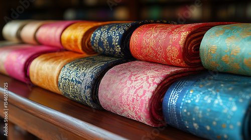 Close-up visual of the vibrant silk fabrics and traditional patterns of Ayutthayan textiles against a clean white background 