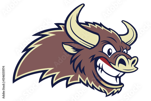 Cartoon buffalo head shows an exaggerated grin with its jagged brown fur and offwhite horns