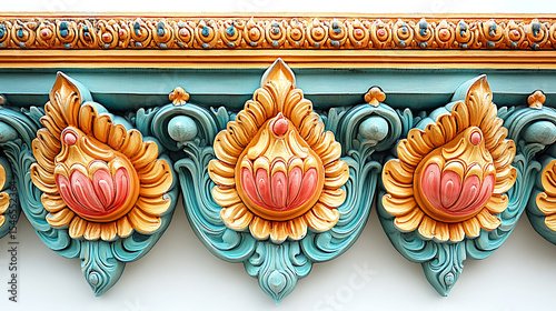 Close-up visual of the elaborate golden ornamentation adorning a royal barge on the Chao Phraya River, reflecting the vibrant colors of the Ayutthaya era against a stark white backdrop 