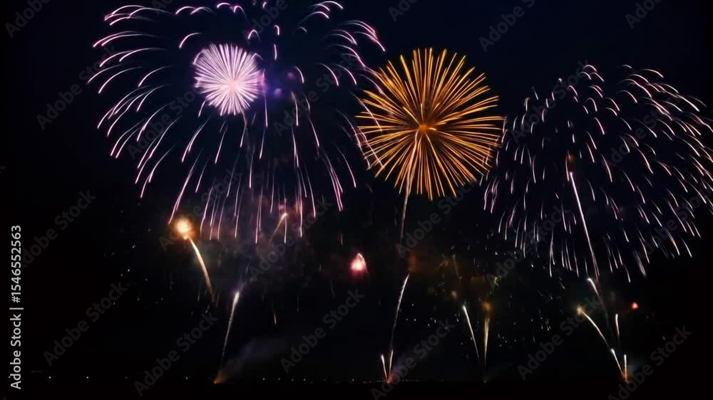 Colorful pyrotechnic bursts illuminate the night sky over the river, a vibrant celebration of light