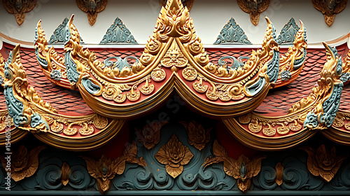 Close-up visual of the elaborate golden ornamentation adorning a royal barge on the Chao Phraya River, reflecting the vibrant colors of the Ayutthaya era against a stark white backdrop 