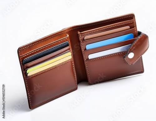 classic brown leather wallet open with credit card slots and pocket isolated on a white background