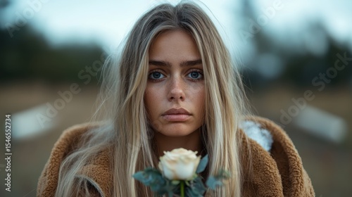 This stunning portrait captures a young woman with long hair, holding a white rose, set against a blurred outdoor background that enhances her striking features and emotion.