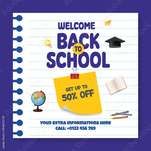 Modern educational social media post, banner, ads template for back to school party and school admission advertisements, online learning web banner, educational supplies elements background