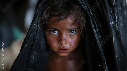 An evocative image of a young child peering out from under a dark covering, capturing raw emotion and vulnerability that speaks volumes about the human condition and innocence.