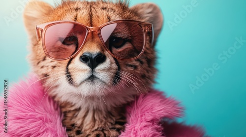 A whimsical portrayal of a cheetah wearing stylish sunglasses and a fluffy coat, blending humor and fashion with nature, emphasizing a fun and unique take on wildlife photography.
