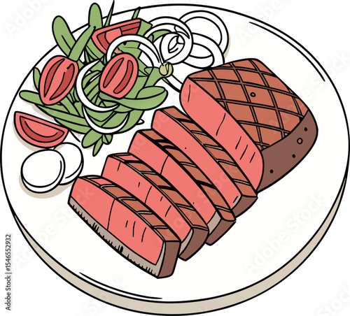 Realistic red meat grill and salad vector image on the plate