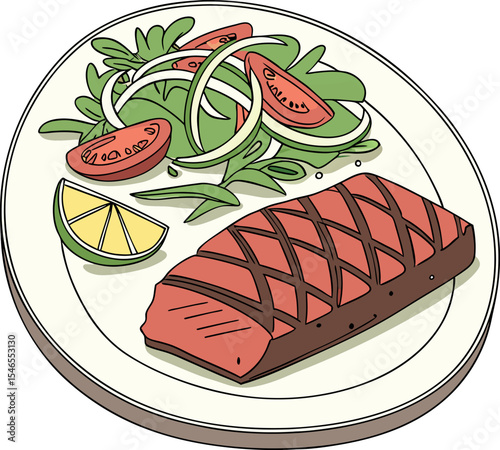 Realistic red meat grill and salad vector image on the plate