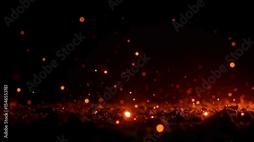 Fiery Embers Glowing in Dark Background with Sparks Rising Upwards Cinematic Footage