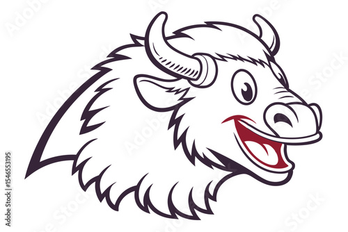 Animated buffalo head shows a friendly grin with dark purple outlines defining shape