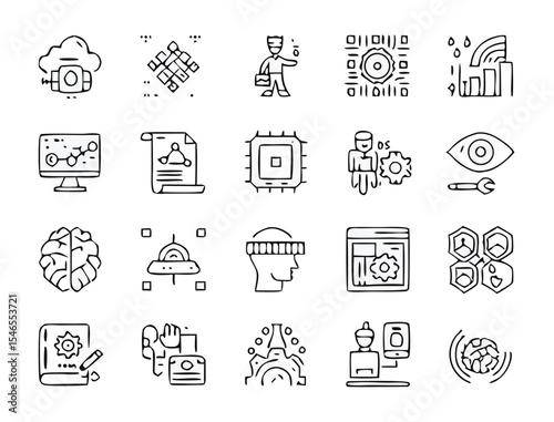 Artificial intelligence, AI technology Vector icons set for web and business, featuring symbols of communication, technology, and everyday life. Artificial Intelligence & Machine Learning Icons set.