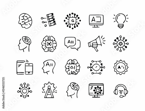Artificial intelligence, AI technology Vector icons set for web and business, featuring symbols of communication, technology, and everyday life. Artificial Intelligence & Machine Learning Icons set.