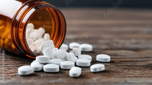 A close-up image of white pills spilling from an amber prescription bottle on a wooden surface, representing health, wellness, and the importance of medication.