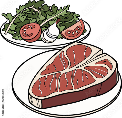Realistic red meat grill and salad vector image on the plate