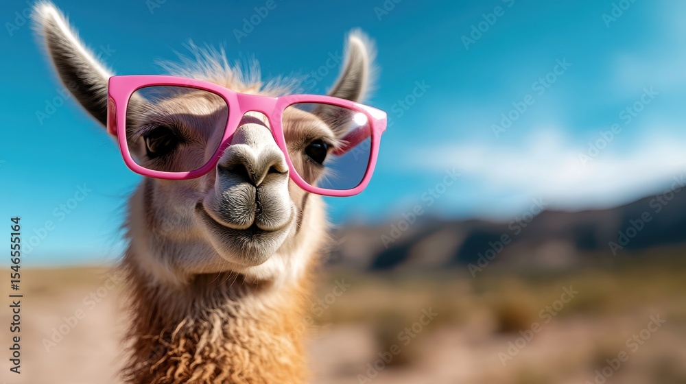 Obraz premium This image features a cheerful llama sporting oversized pink glasses against a bright blue sky, evoking a playful and whimsical atmosphere perfect for animal lovers.