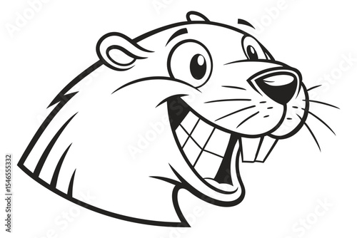 Black and white cartoon beaver smiles broadly, exposing big teeth, radiating cheerful delight