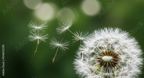 Close-up of a mature dandelion seed head with delicate seeds scattering against a soft green background, symbolizing wishes, new beginnings, and nature's cycle.
