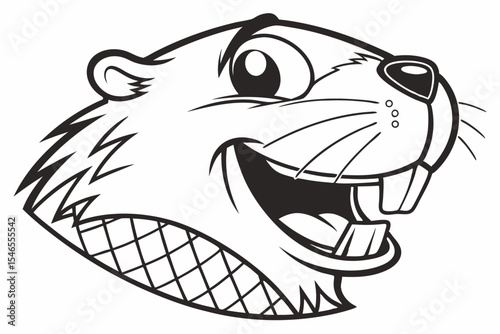 Stylized beaver head shows a broad smile with prominent teeth in bold monochrome