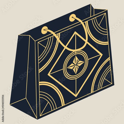Isometric view of a dark blue shopping bag with golden art deco style design and handles graphic
