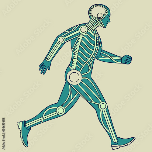 Illustration of a stylized human figure in motion with visible internal structures and joint circles