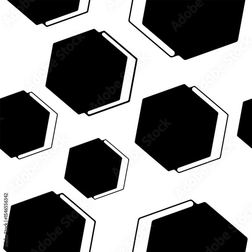 A striking black and white seamless pattern featuring various sized hexagonal shapes with a subtle shadow effect, creating a modern and dynamic abstract background.