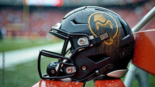 Close up of a wet and muddy American football helmet on the sideline of a field. Concept of a competitive and intense game day atmosphere.